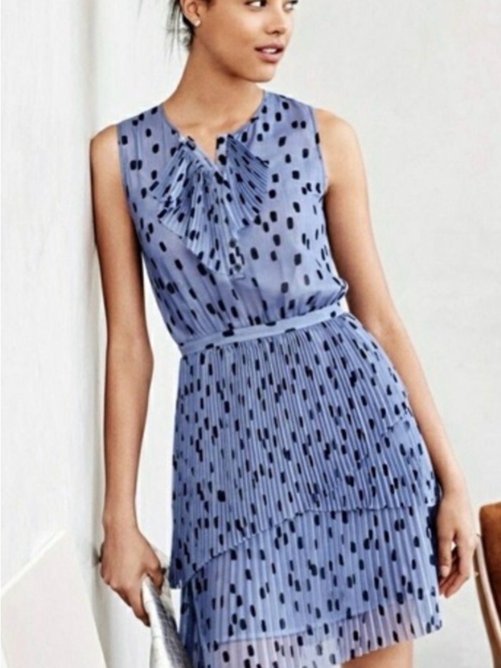 Banana Republic Sleeveless Periwinkle Blue Polka Dot Pleated Mini Dress